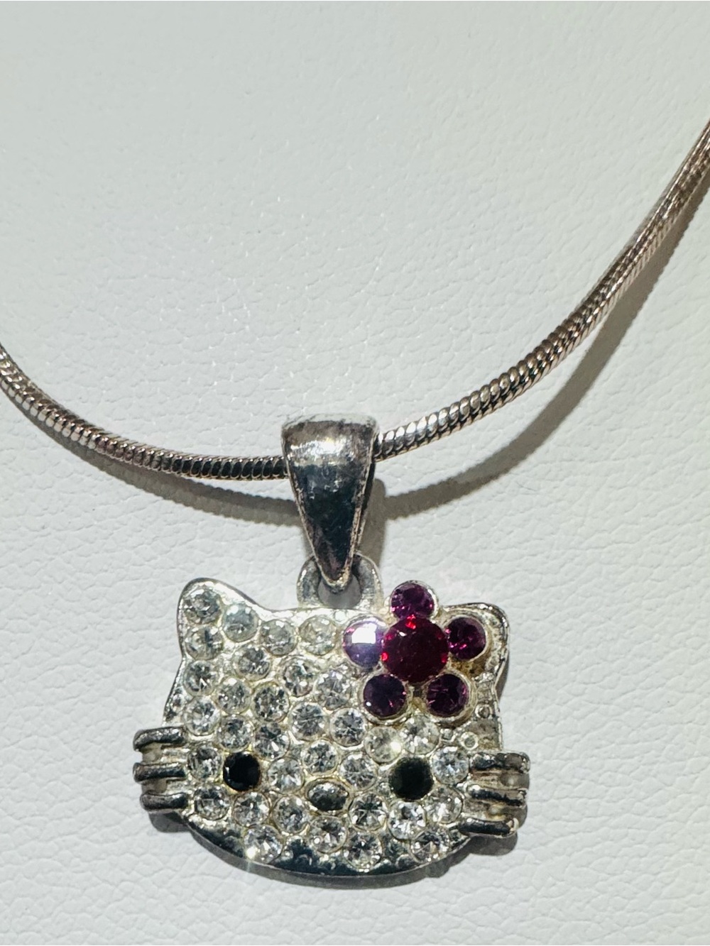 Vintage Sanrio Hello Kitty Pavé Face Pendant  – Silver Snake Chain